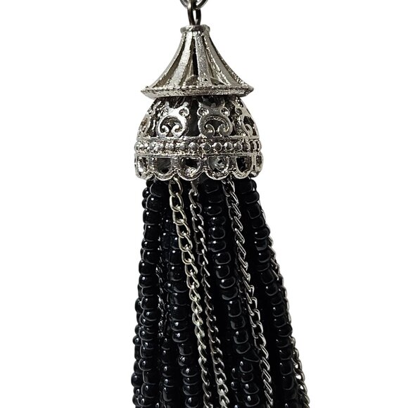 Elegant Black Tassel Pendant Statement Necklace Bead Accents Silver Tone Chain - Picture 2 of 6